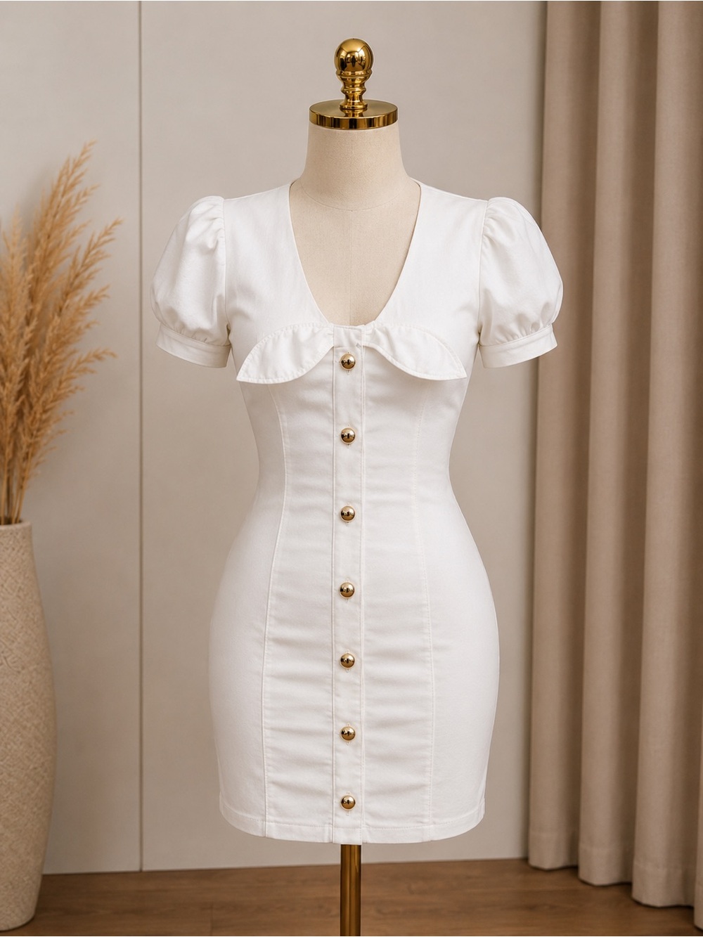 Women’s White Puff Sleeve Button Front Mini Dress
